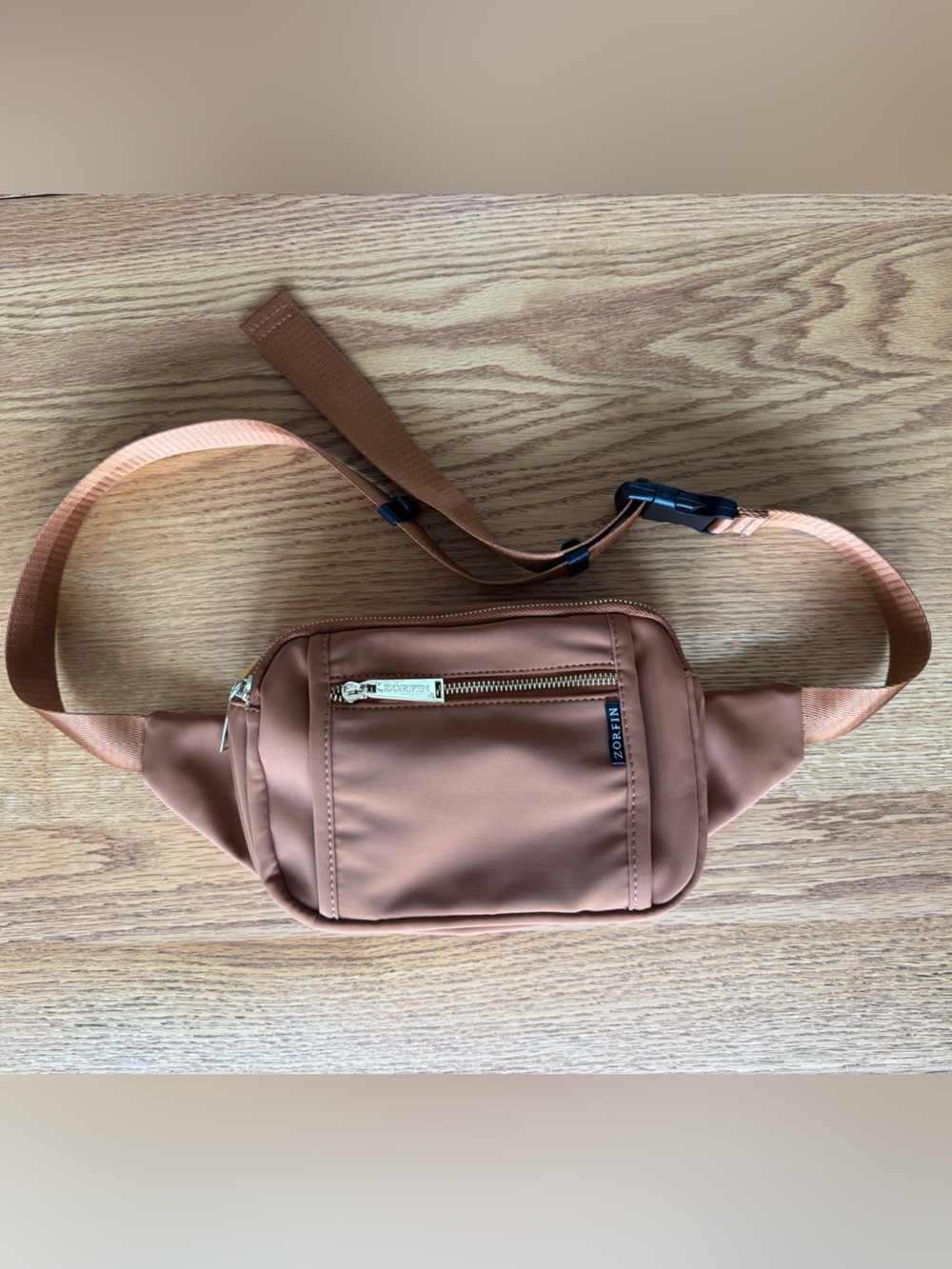 Zorfin Unisex Tan Belt Bag with Zippered Pockets and Adjustable Strap